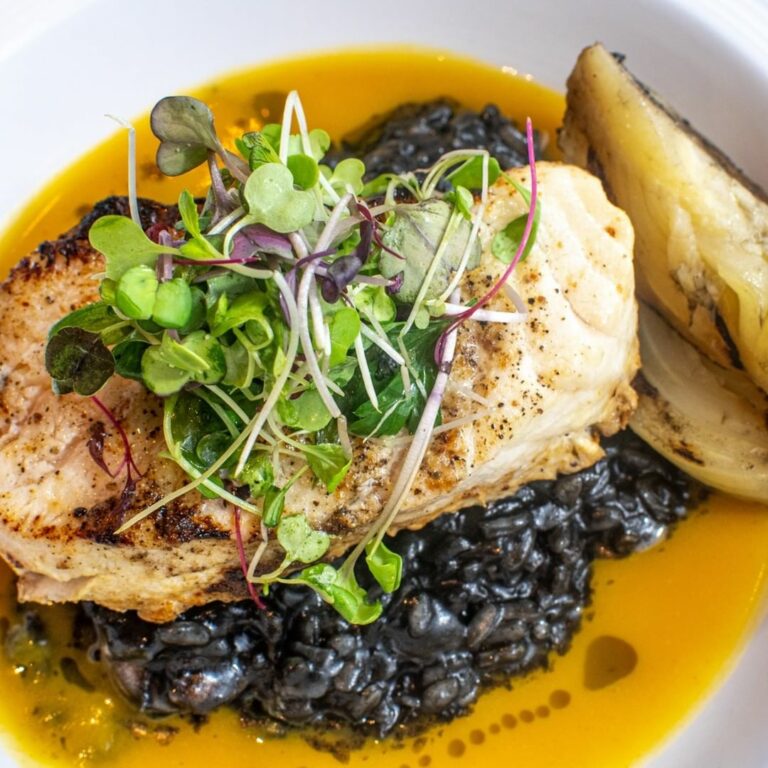 eliamediterraneanrestaurant ChileanSeaBassoverSquidInk Risotto 768x768