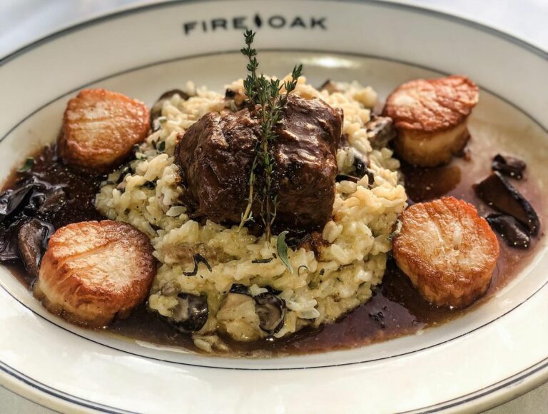 fireandoakmontvale Braised shortrib dayboatscallops wildmushroomandsagerisotto 768x580